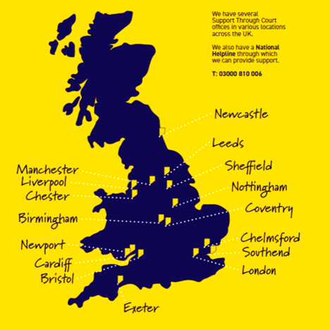 A map showing where our offices are situated. (In London, they are at the Royal Courts of Justice, the Central Family Court, West London, Barnet and Wandsworth County and Family courts.) Image from the Support Through Court website.