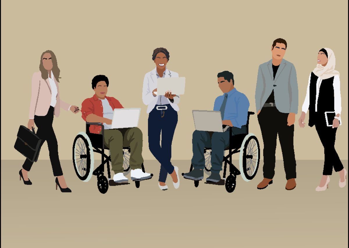 Illustration of professionals, including wheelchair users, in a workplace setting