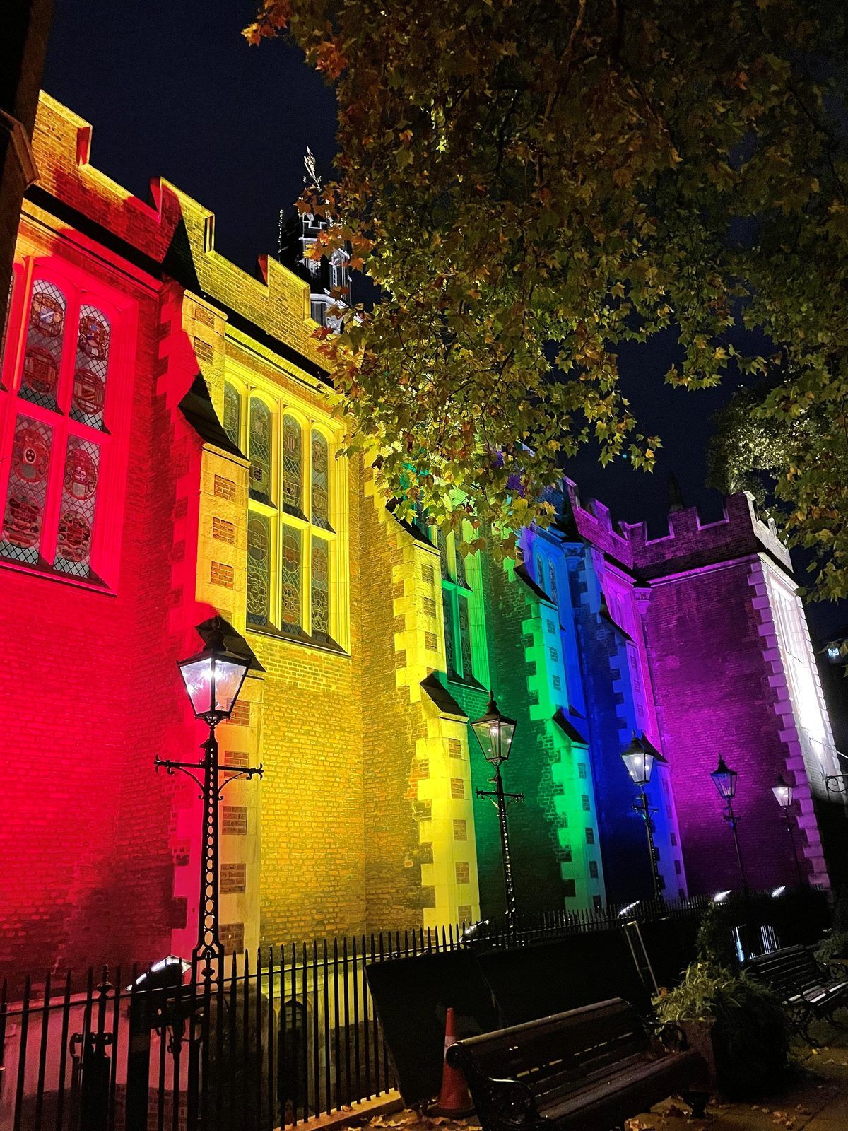 Temple Church lit up in rainbow colours